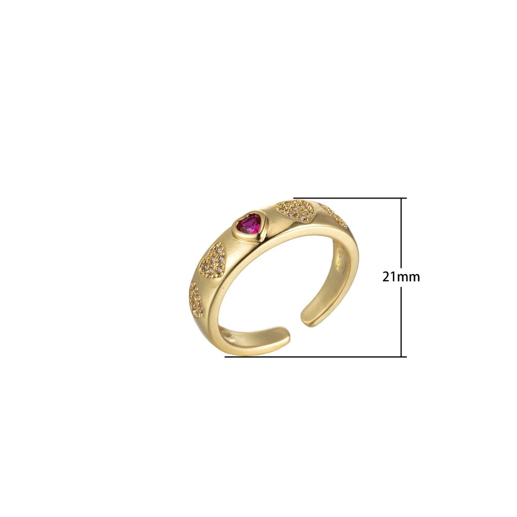Pink Red Heart CZ Gold Dome Ring Stacking Jewelry | Round Heart Ring Open Adjustable Ring O-908 O-909
