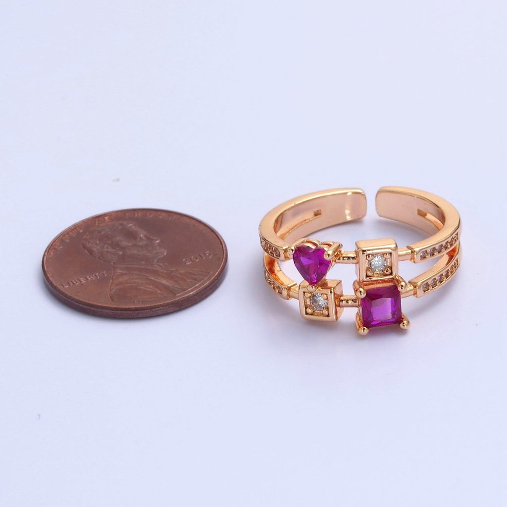 Pink Square Heart Ring Double Band Gold Band Ring O-2235  O-2236