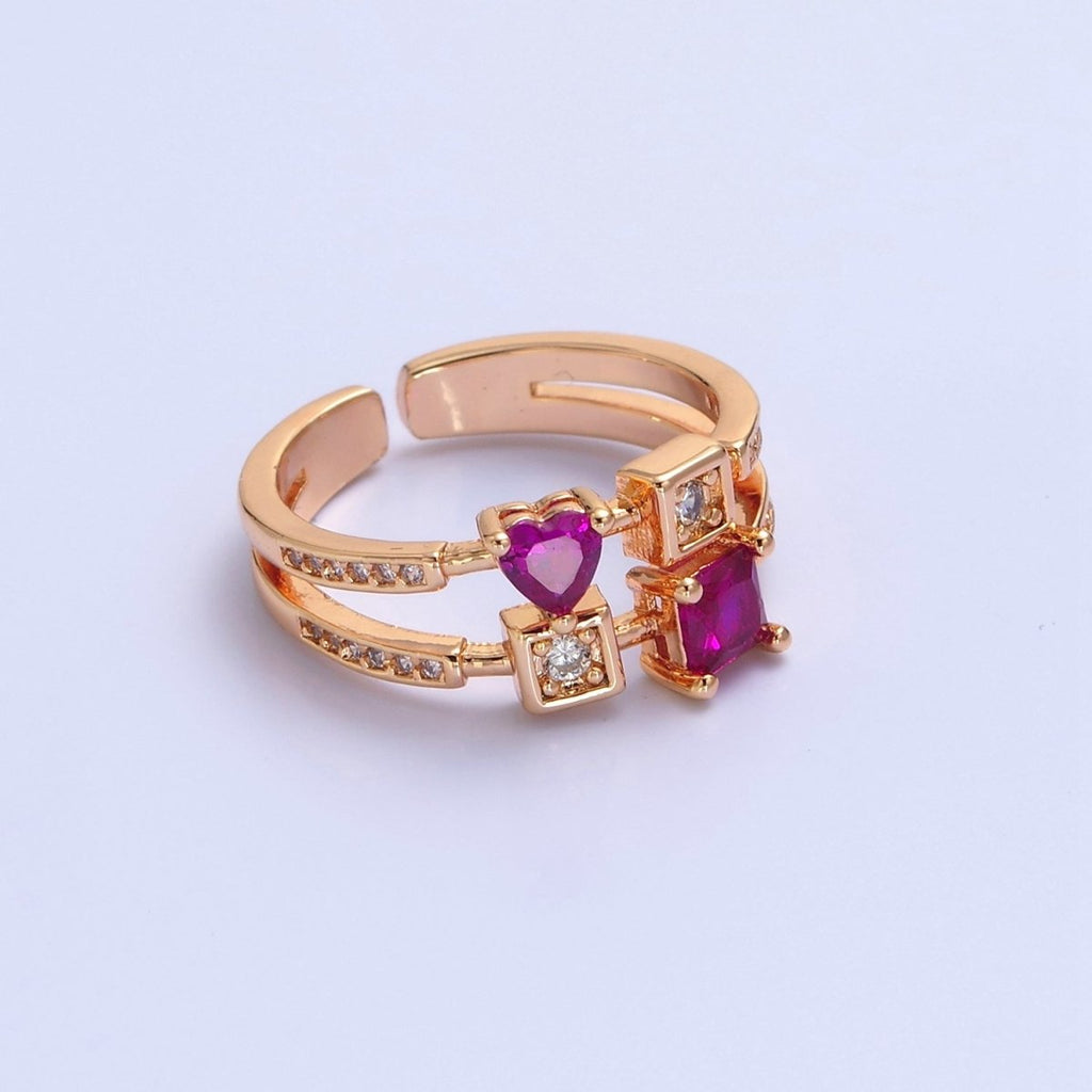 Pink Square Heart Ring Double Band Gold Band Ring O-2235  O-2236
