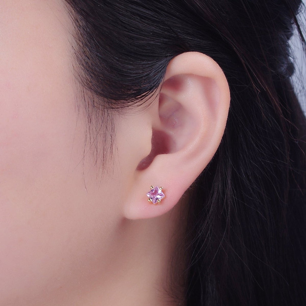Pink Square Stud Earrings Princess Cut Cubic Zirconia Stones T-391 - DLUXCA