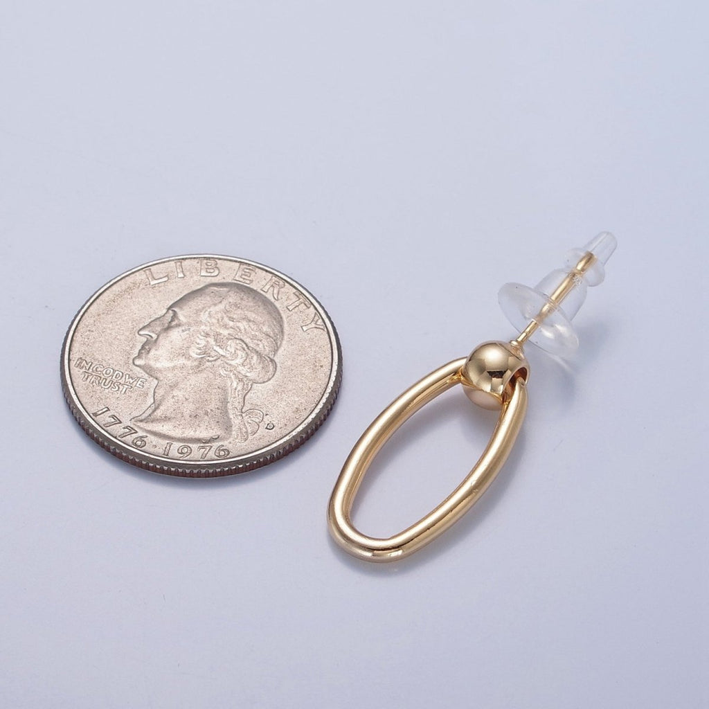 Post Earrings, Gold Hoop Earrings, Post with Hoop, Oval Hoop Earring V-391 - DLUXCA