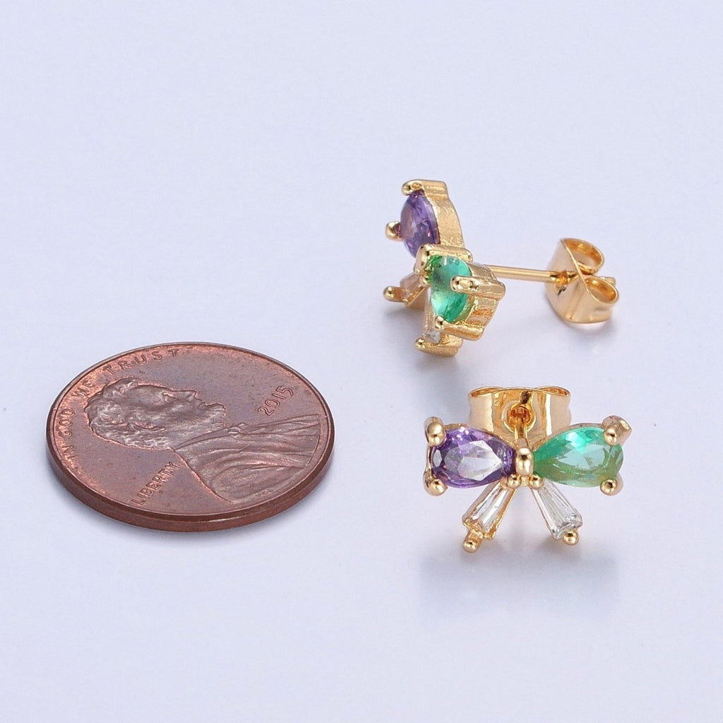 Purple Green CZ Bow Stud Earring Gold Ribbon Earring T-522 - DLUXCA