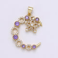 Purple Lilac Crystal Gold plated Moon and Star Pendants J-197 - DLUXCA