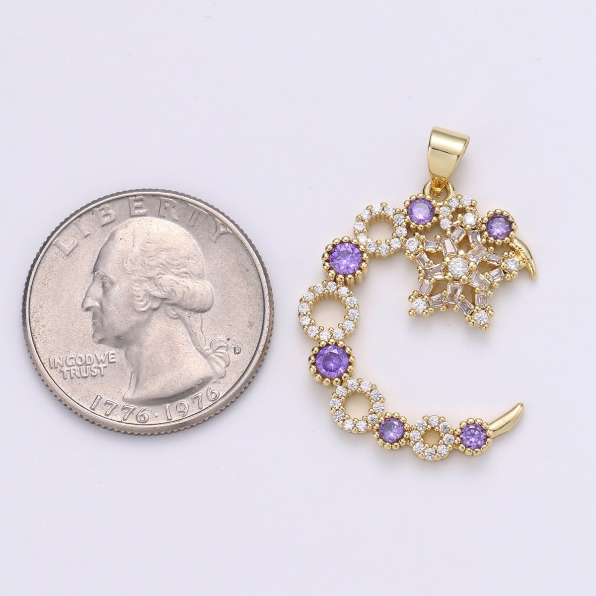 Purple Lilac Crystal Gold plated Moon and Star Pendants J-197 - DLUXCA
