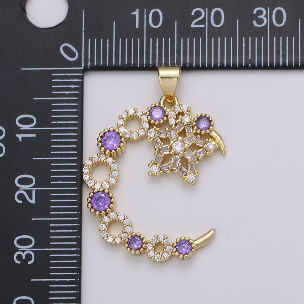 Purple Lilac Crystal Gold plated Moon and Star Pendants J-197 - DLUXCA