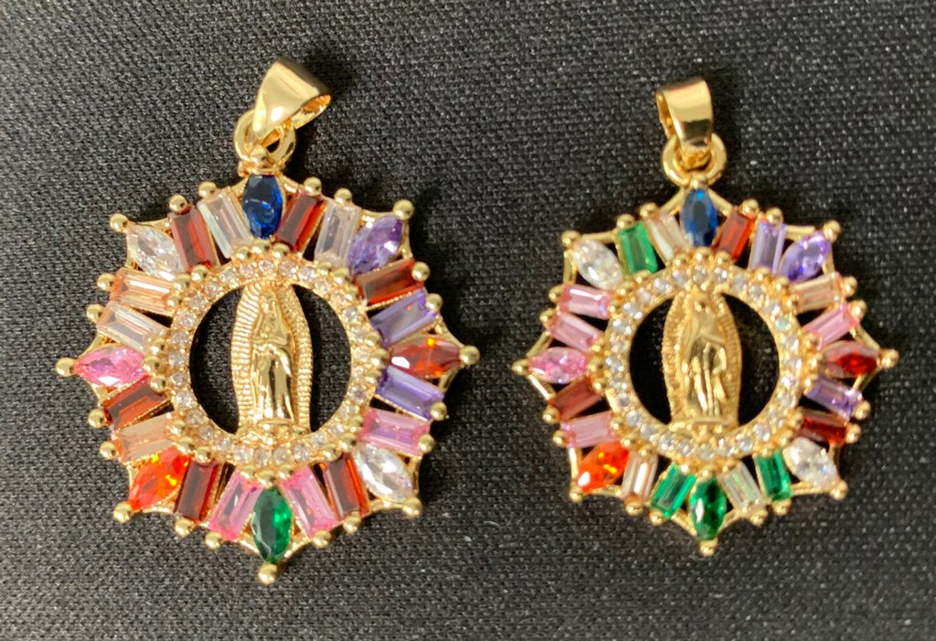 Rainbow 24K Gold plated CZ Virgin Mary Pendant, Lady Guadalupe Baguette Charm, Mother of Jesus Medallion, Rosary Charm Religious Jewelry J-088 I-882
