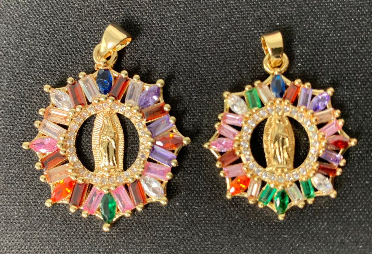 Rainbow 24K Gold plated CZ Virgin Mary Pendant, Lady Guadalupe Baguette Charm, Mother of Jesus Medallion, Rosary Charm Religious Jewelry J-088 I-882
