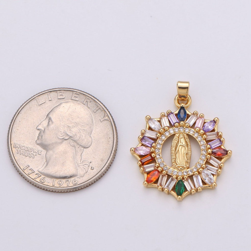 Rainbow 24K Gold plated CZ Virgin Mary Pendant, Lady Guadalupe Baguette Charm, Mother of Jesus Medallion, Rosary Charm Religious Jewelry J-088 I-882