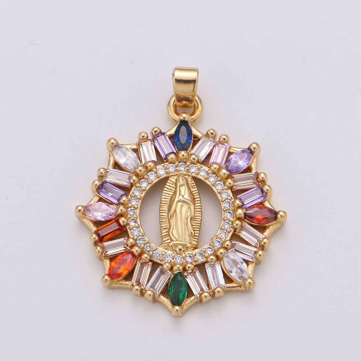 Rainbow 24K Gold plated CZ Virgin Mary Pendant, Lady Guadalupe Baguette Charm, Mother of Jesus Medallion, Rosary Charm Religious Jewelry J-088 I-882