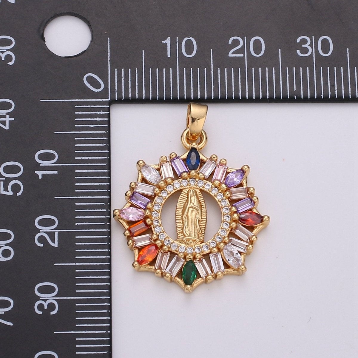 Rainbow 24K Gold plated CZ Virgin Mary Pendant, Lady Guadalupe Baguette Charm, Mother of Jesus Medallion, Rosary Charm Religious Jewelry J-088 I-882