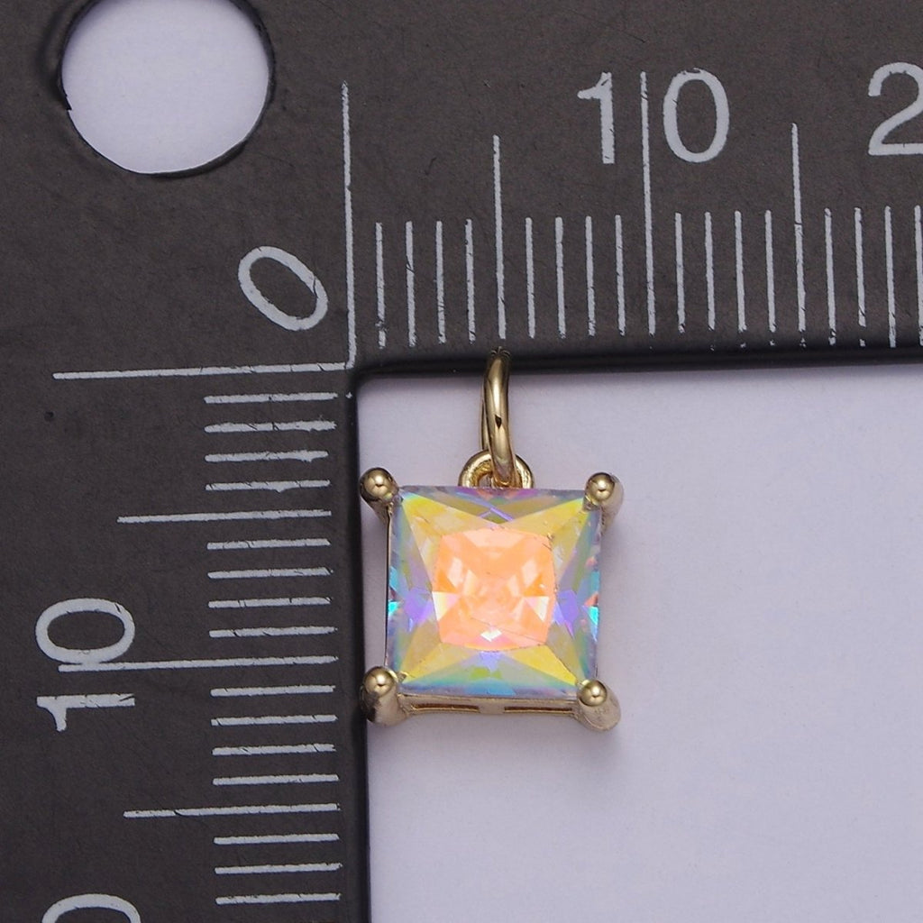 Rainbow Cubic Zirconia AB Aurora Borealis dangle Square Charm 14k yellow gold plated boutique jewelry Supply E-421 E-652 - DLUXCA