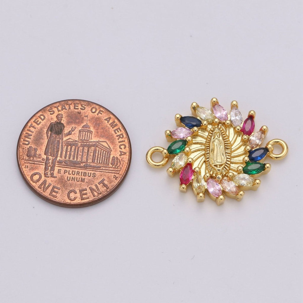 Rainbow CZ paved Gold Virgin Mother Mary Connectors, Catholic Baptism Lady Guadalupe Charm, Medallion Religious Jewelry Craft Supply F-425 - DLUXCA