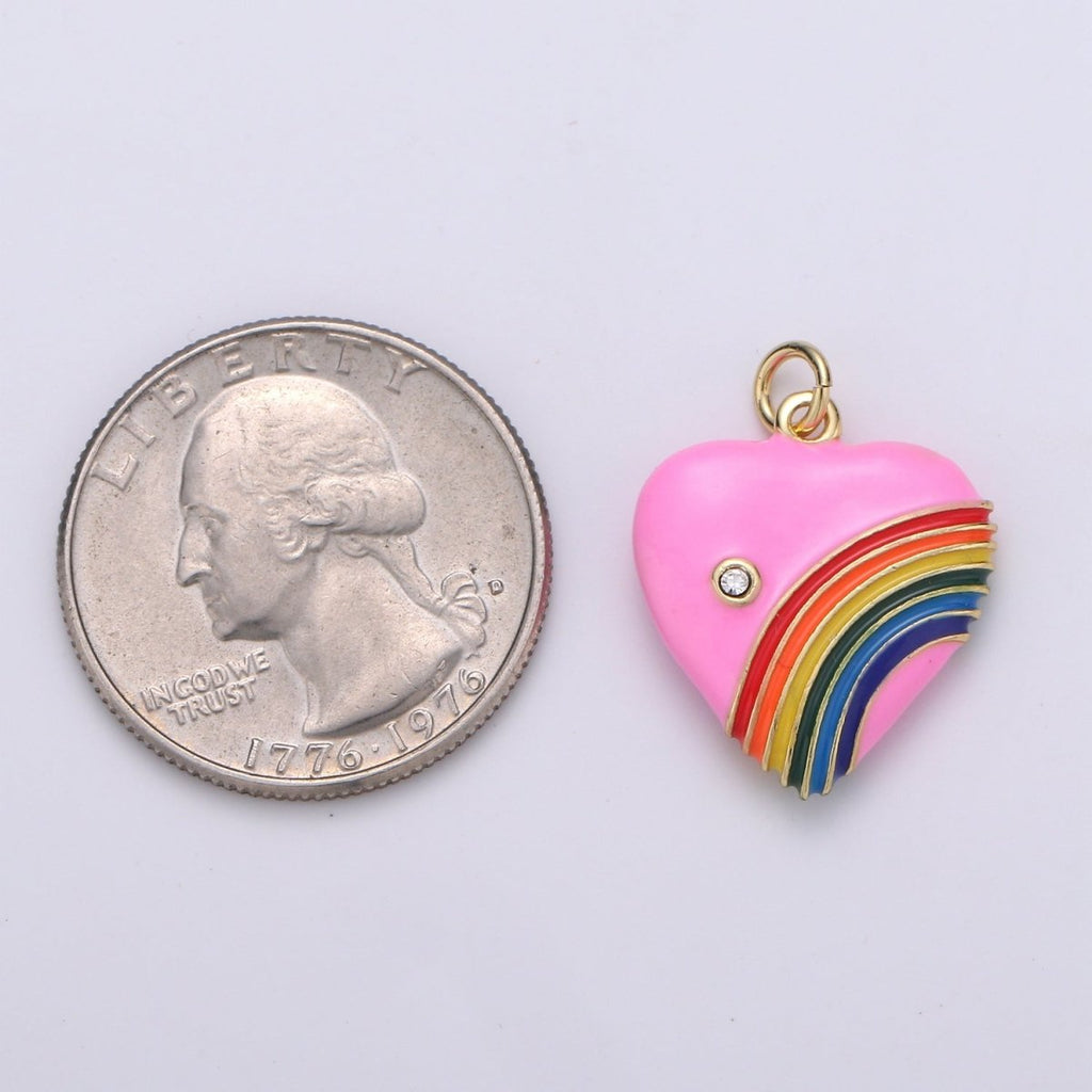 Rainbow Heart Charms, Enamel with Cubic Zirconia Crystal, Retro 1980's Style Charm Vintage Heart Pendant Red, Pink, Turquoise, Purple, Red C-805~C-812