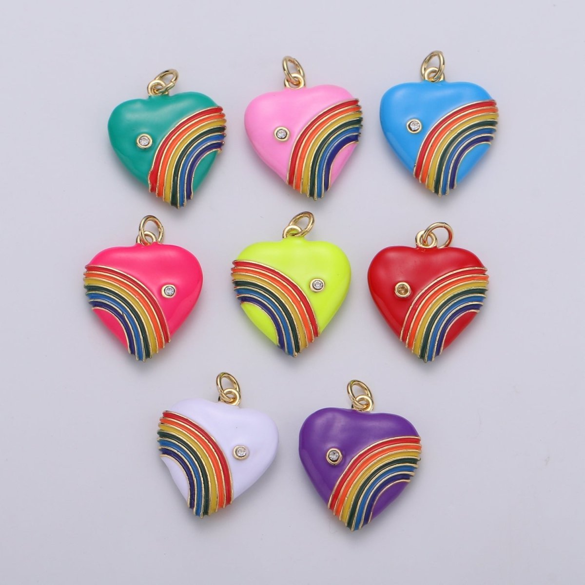 Rainbow Heart Charms, Enamel with Cubic Zirconia Crystal, Retro 1980's Style Charm Vintage Heart Pendant Red, Pink, Turquoise, Purple, Red C-805~C-812