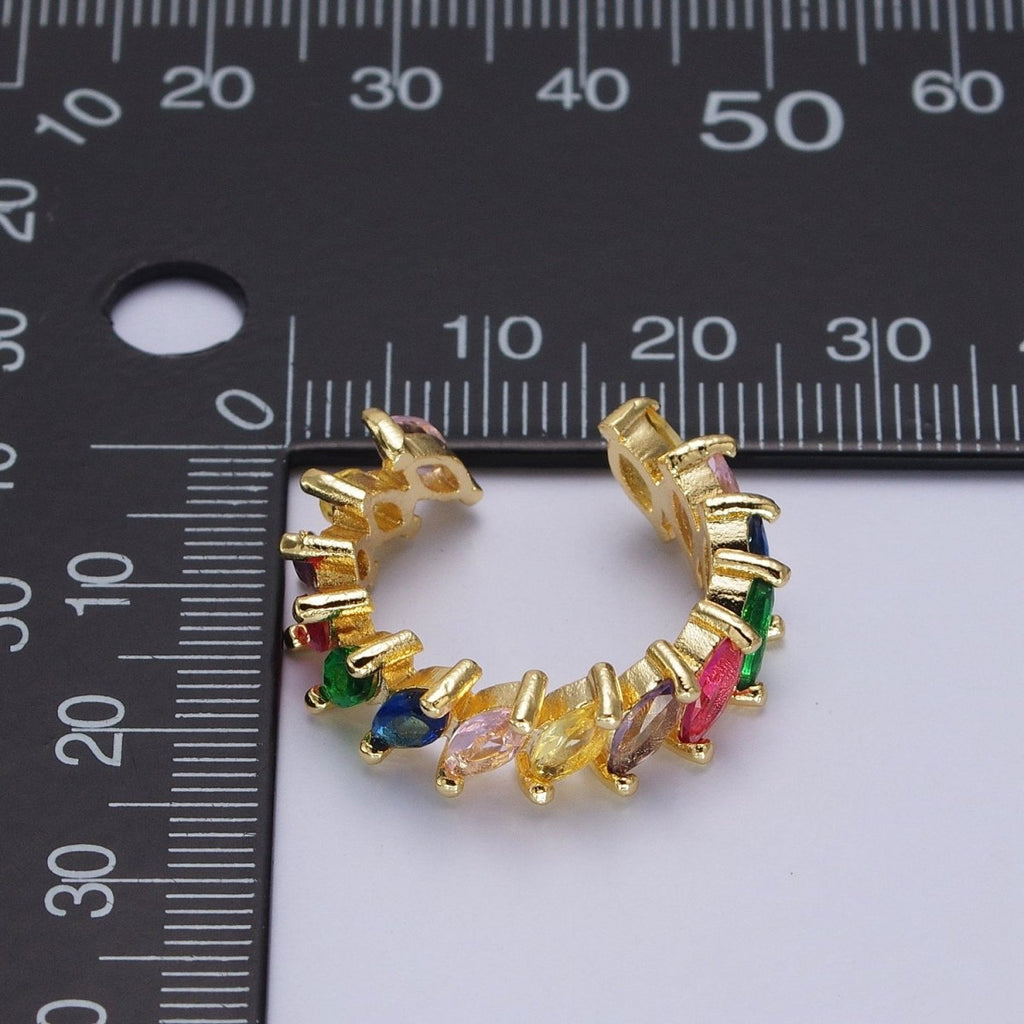 Rainbow Multicolor Marquise Sideway CZ Lined Adjustable Gold Ring | Y-500 - DLUXCA