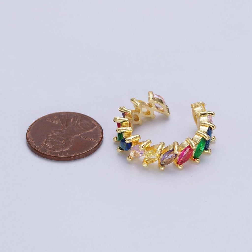Rainbow Multicolor Marquise Sideway CZ Lined Adjustable Gold Ring | Y-500 - DLUXCA