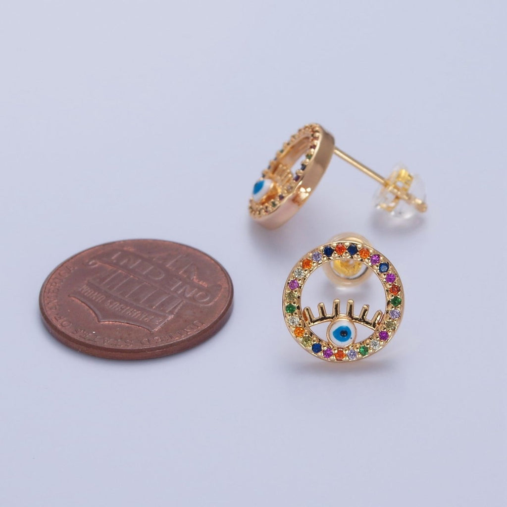Rainbow Round Stud Earring Evil Eye Stud Earring T-475 - DLUXCA