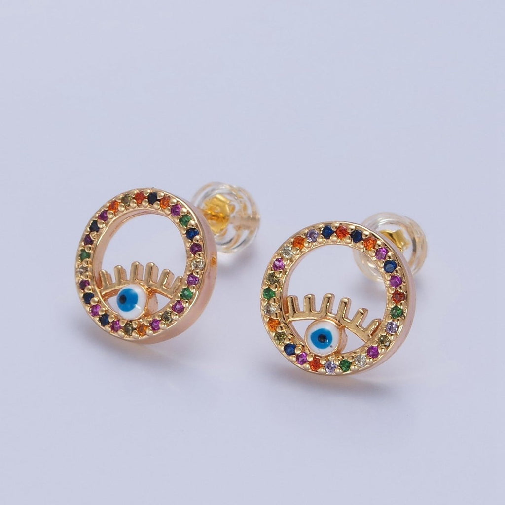 Rainbow Round Stud Earring Evil Eye Stud Earring T-475 - DLUXCA