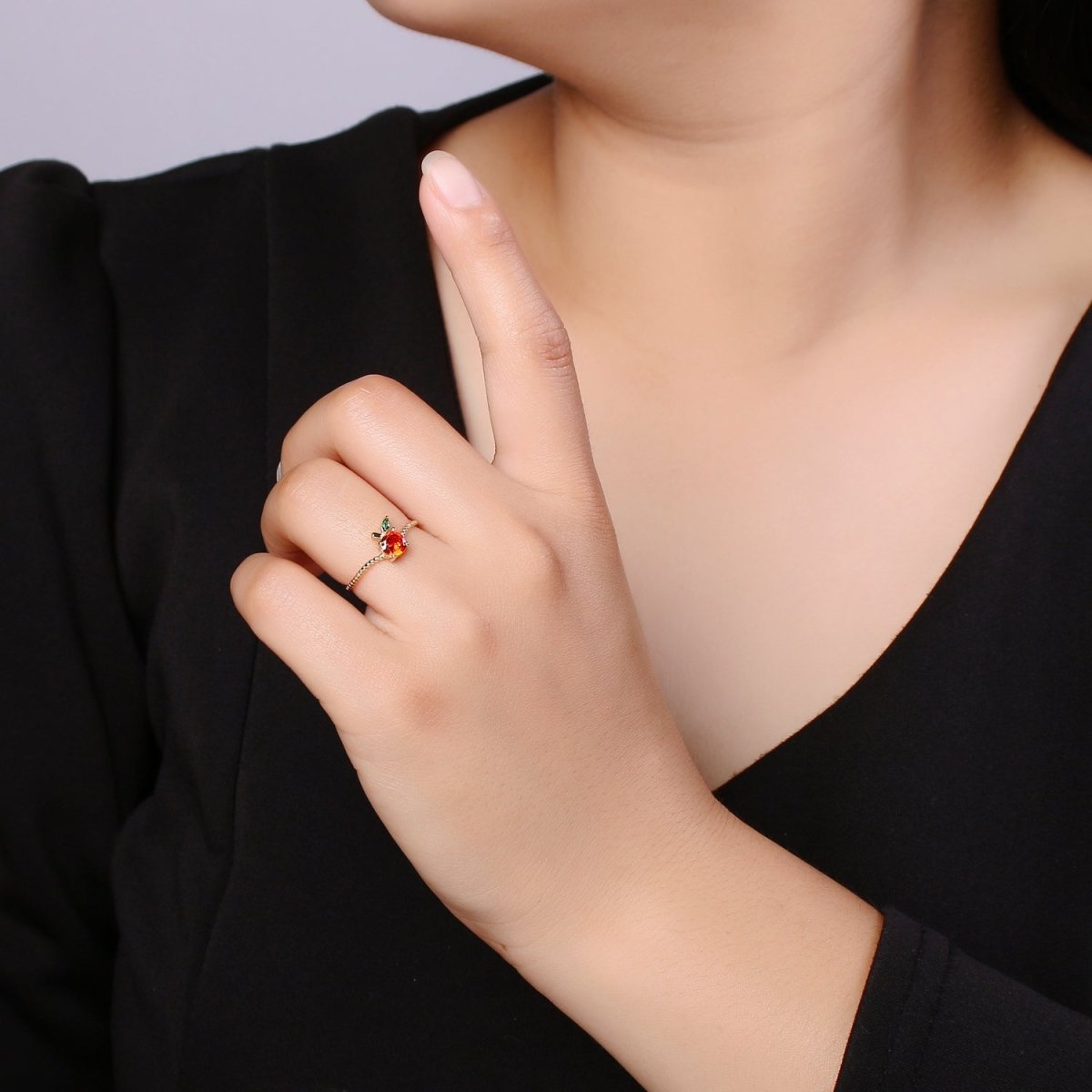 Red Cherry Gold plated beaded Band Adjustable Ring - R492 - DLUXCA