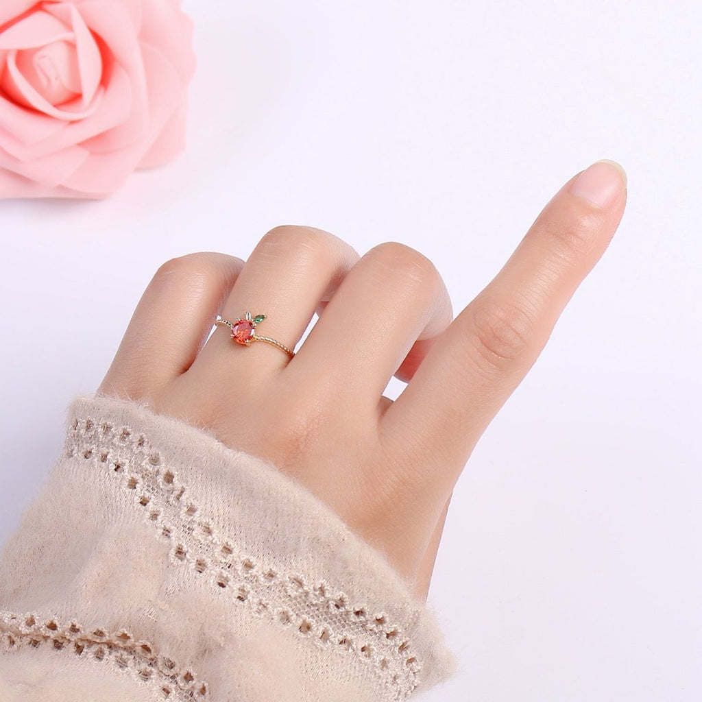Red Cherry Gold plated beaded Band Adjustable Ring - R492 - DLUXCA