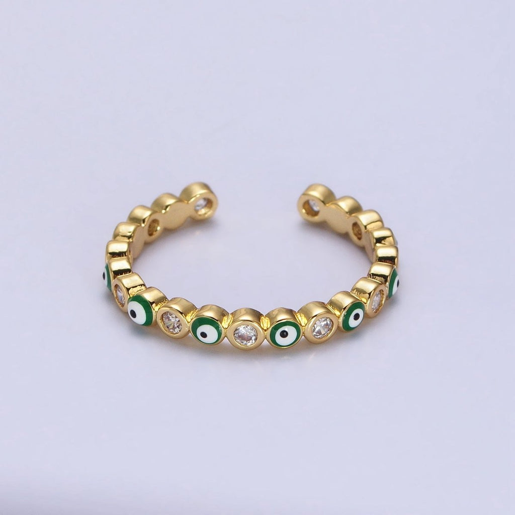 Red, Multicolor, Black, Green, Pink Clear CZ Enamel Evil Eye Adjustable Ring in Gold & Silver | Y-570 ~ Y-572,Y-595 ~ Y-599 - DLUXCA