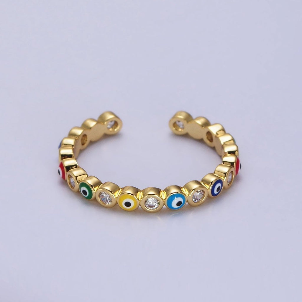 Red, Multicolor, Black, Green, Pink Clear CZ Enamel Evil Eye Adjustable Ring in Gold & Silver | Y-570 ~ Y-572,Y-595 ~ Y-599 - DLUXCA
