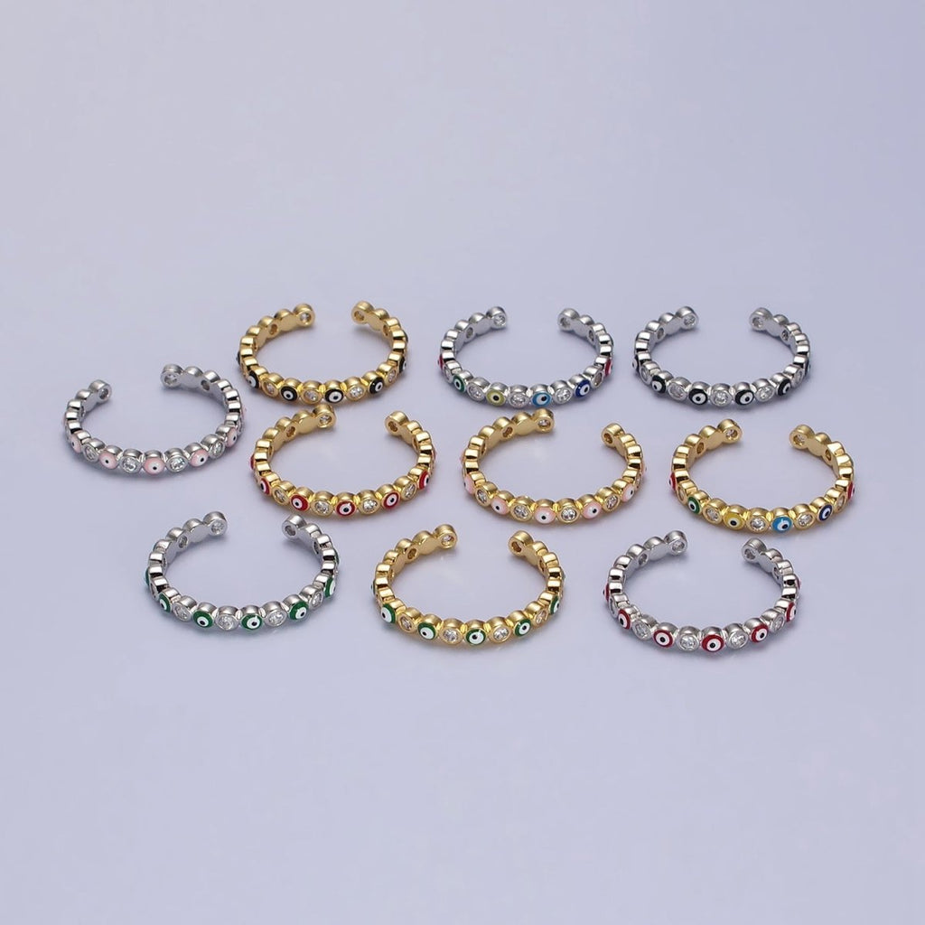 Red, Multicolor, Black, Green, Pink Clear CZ Enamel Evil Eye Adjustable Ring in Gold & Silver | Y-570 ~ Y-572,Y-595 ~ Y-599 - DLUXCA