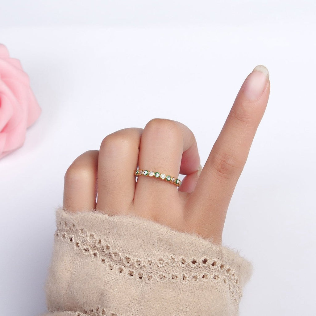 Red, Multicolor, Black, Green, Pink Clear CZ Enamel Evil Eye Adjustable Ring in Gold & Silver | Y-570 ~ Y-572,Y-595 ~ Y-599 - DLUXCA