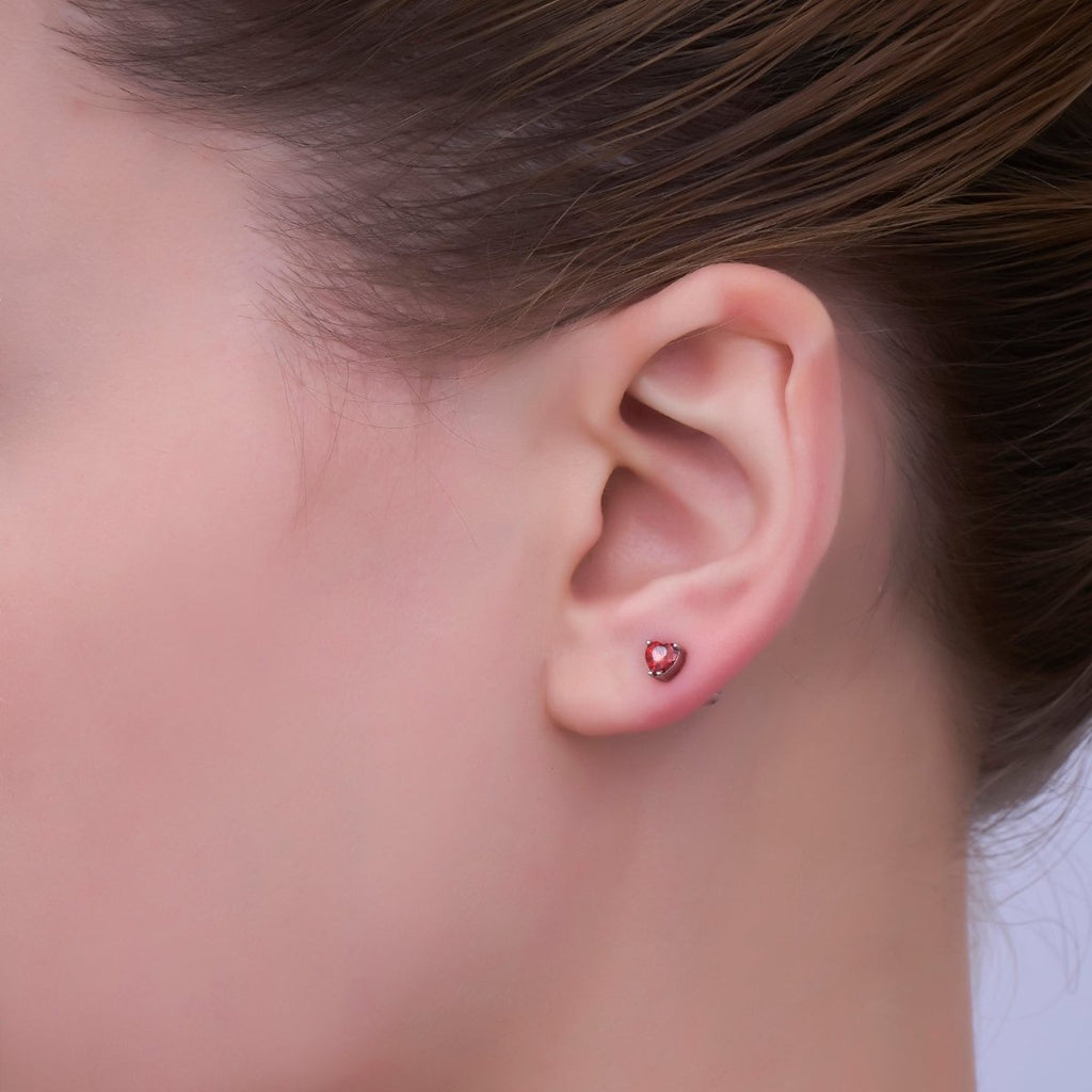 Rhodium Plated 3.3mm, 4.3mm Red CZ Heart Mini Stud Earrings | AB1301 AB1064 