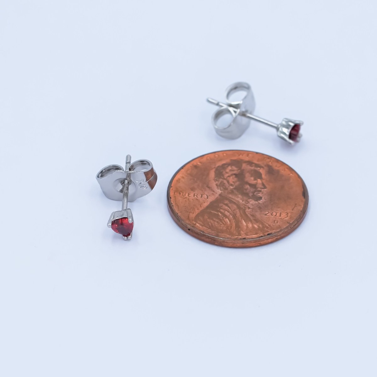 Rhodium Plated 3.3mm, 4.3mm Red CZ Heart Mini Stud Earrings | AB1301 AB1064 