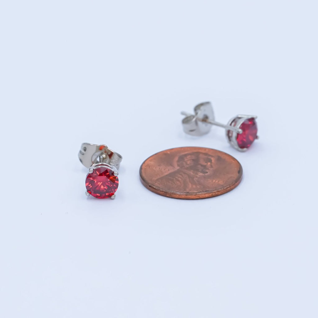 Rhodium Plated 6mm Red Round CZ Stud Earrings | AB1075 