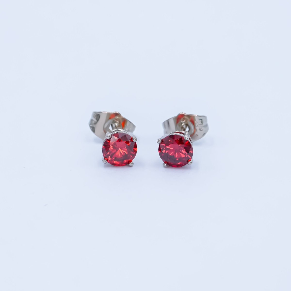 Rhodium Plated 6mm Red Round CZ Stud Earrings | AB1075 