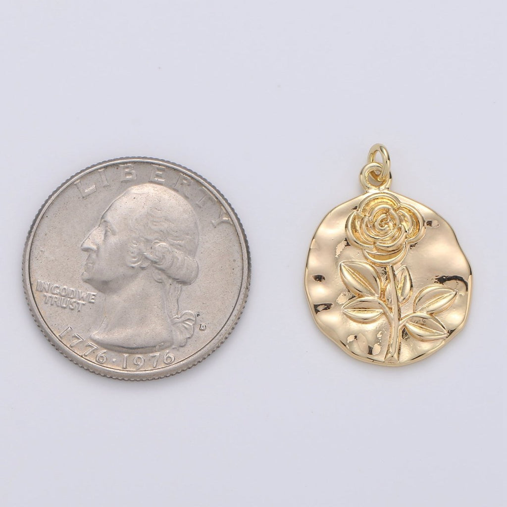 Rose Coin Pendant - Charm, Flower Pendant, Gold Plated Charm, Nature Charm, Gold Disc, Gold Medallion, Flower Coin Charm, D-171  E-086