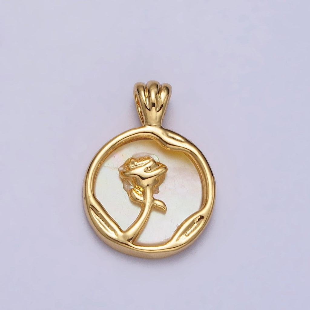 Rose Flower Shell Pearl Dented Round Pendant in Gold & Silver | AA095 AA096