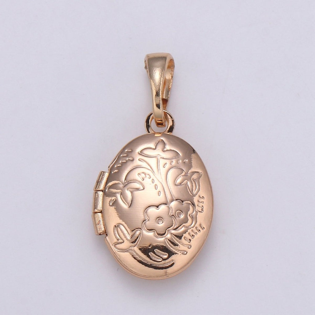 Rose Gold plated Oval Locket Flower Photo Locket, Minimalist Jewelry, Necklace Pendant for Jewelry Making supply H-127 - DLUXCA