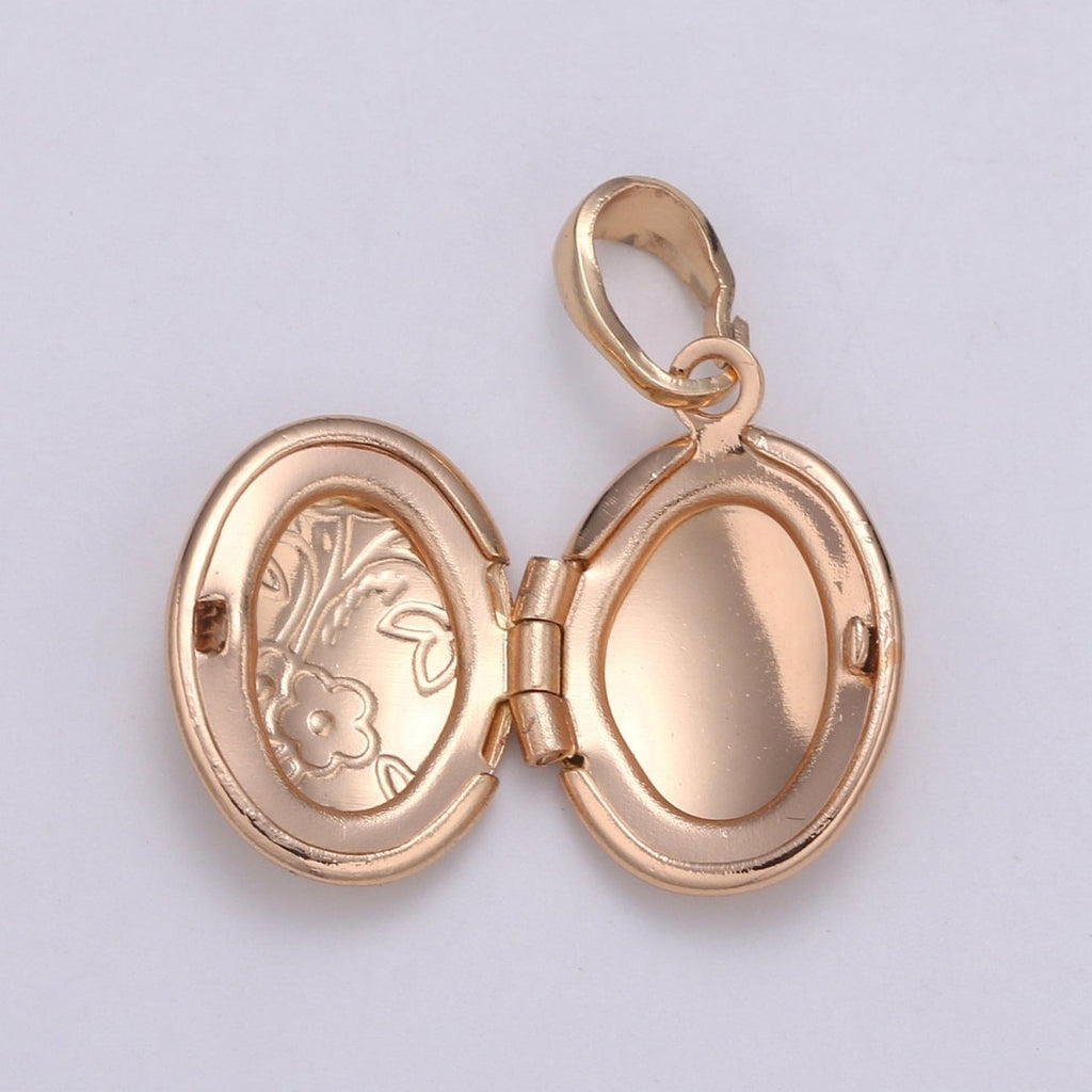 Rose Gold plated Oval Locket Flower Photo Locket, Minimalist Jewelry, Necklace Pendant for Jewelry Making supply H-127 - DLUXCA