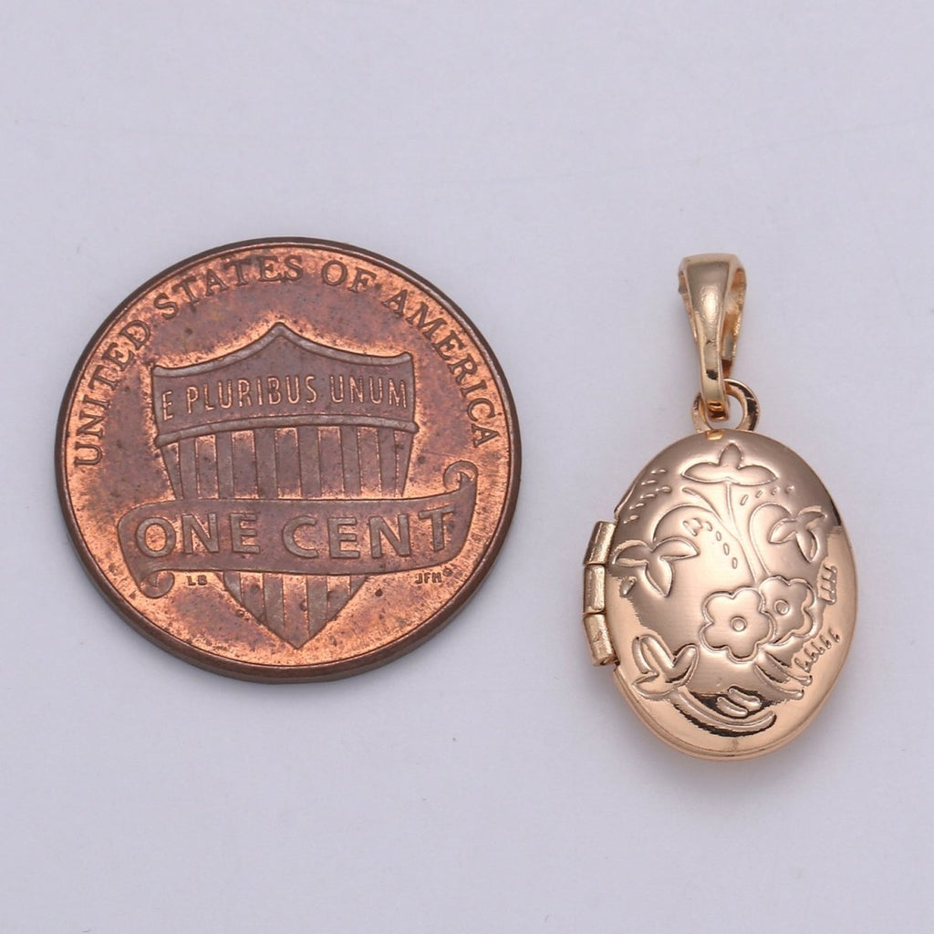 Rose Gold plated Oval Locket Flower Photo Locket, Minimalist Jewelry, Necklace Pendant for Jewelry Making supply H-127 - DLUXCA