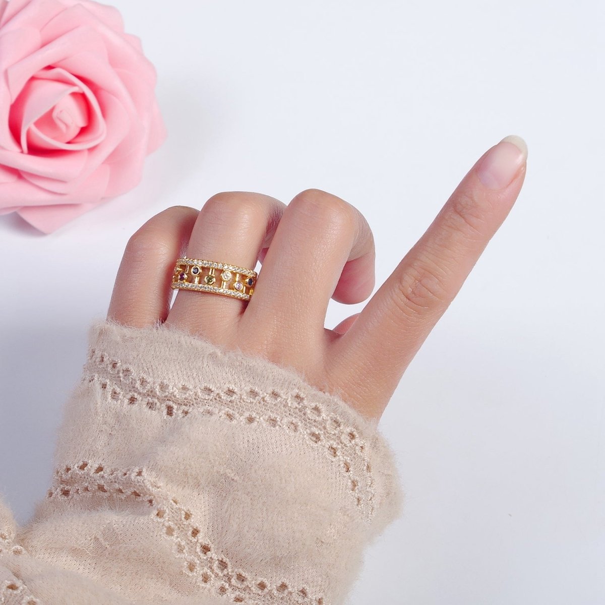 Round Bezel Cut Ring Colorful CZ Ring Stackable Gold plated Ring O-2127 - DLUXCA