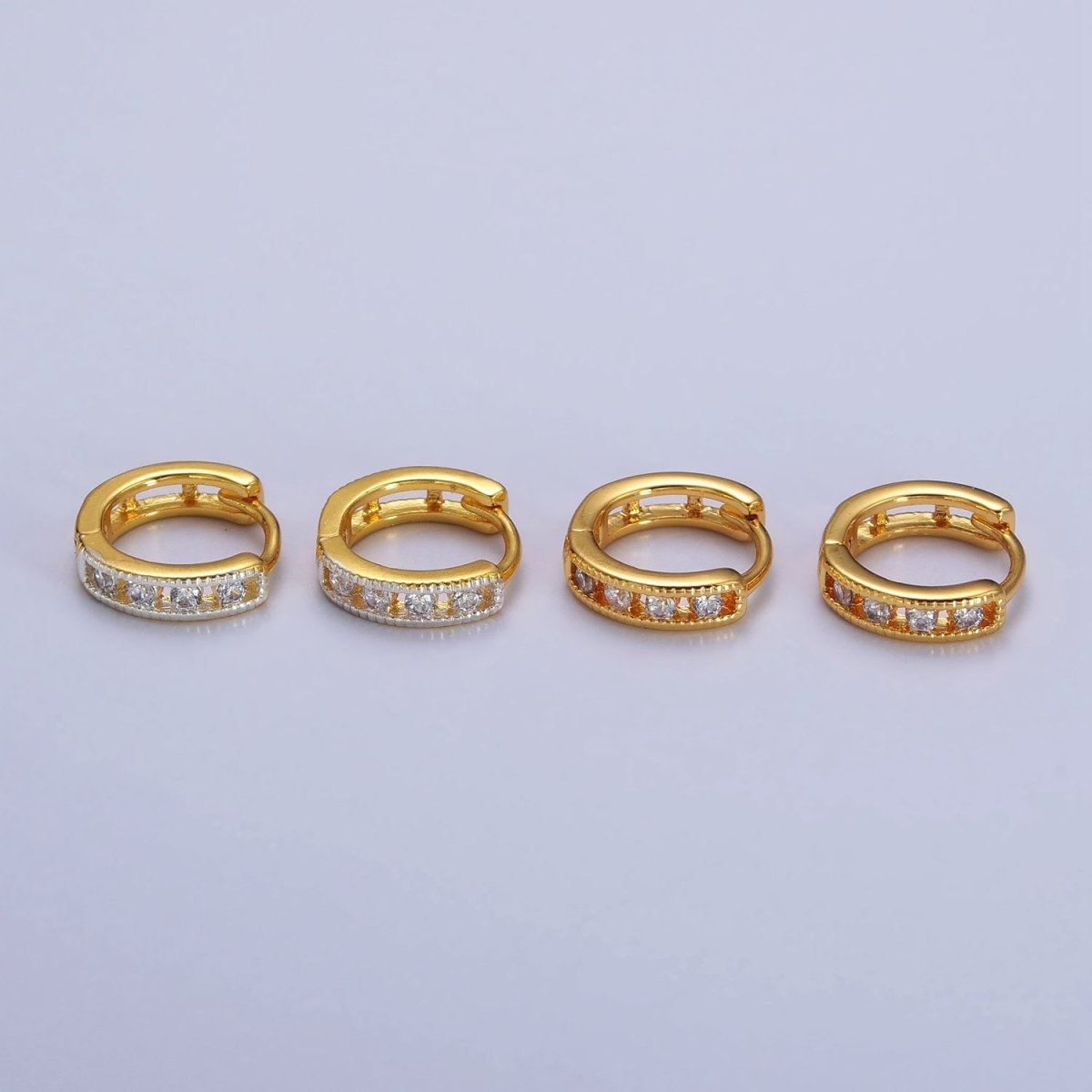 Round Clear CZ Gold, Silver Lined 12mm Huggie Hoop Earrings | AB117 AB118
