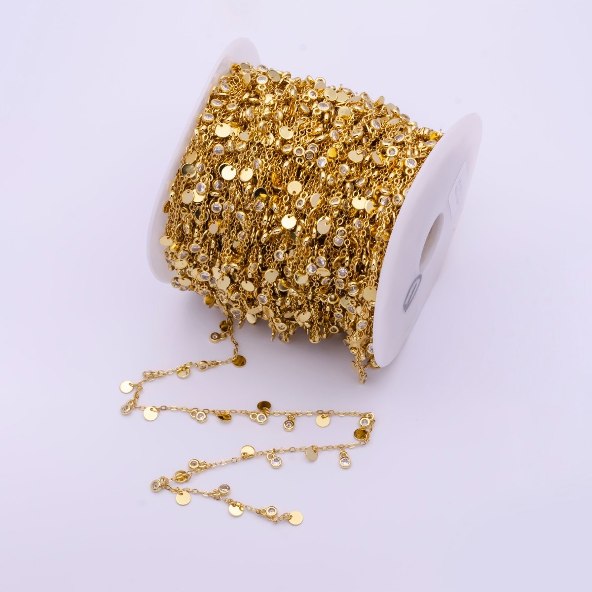 Round Disc Chain, Gold and CZ Sequin Chain by Yard for Necklace, Anklet, Bracelet, belly dancer Waist Supply | ROLL-816 Clearance Pricing - DLUXCA