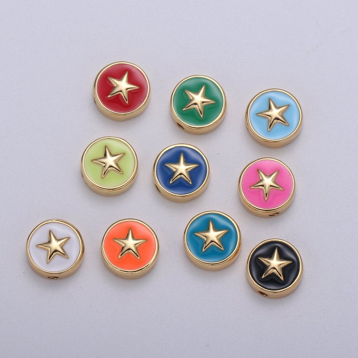 Round Enamel Tiny Gold Star - 24k Gold plated Round Beads - 10mm beads for bracelet making supply Celestial Jewelry making B-471 to B-480 - DLUXCA