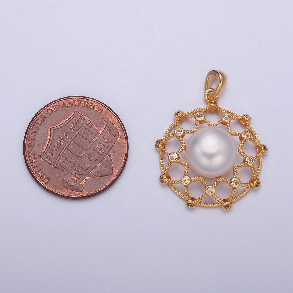 Round Medallion Pave Genuine Shell Pearl Pendant Minimalist Bridal Wedding Jewelry I-044 - DLUXCA