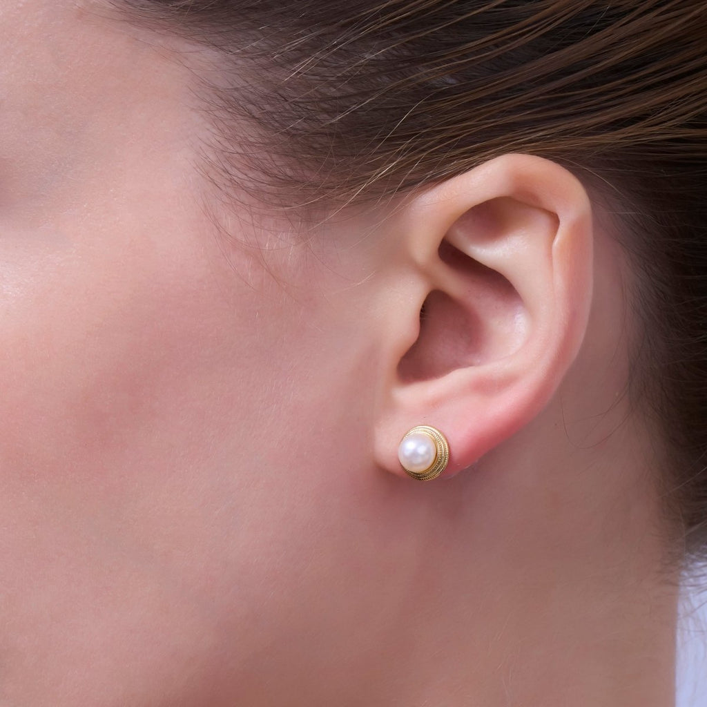 Round White Shell Pearl Band Stud Earrings in Gold & Silver | AE1030 AE1031 