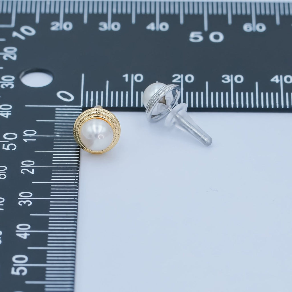 Round White Shell Pearl Band Stud Earrings in Gold & Silver | AE1030 AE1031 