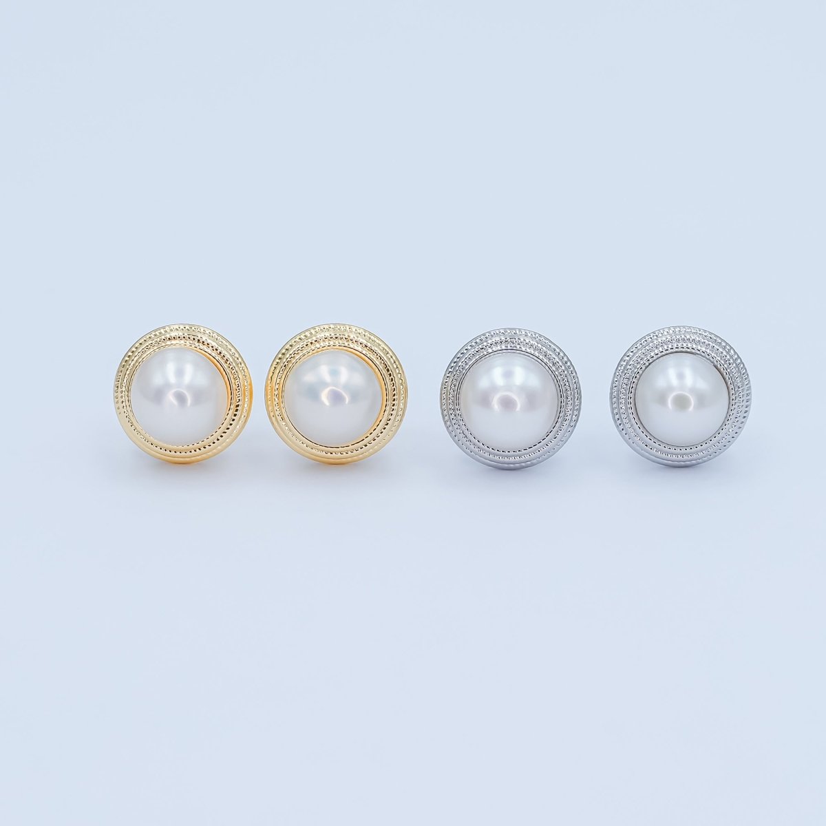 Round White Shell Pearl Band Stud Earrings in Gold & Silver | AE1030 AE1031 