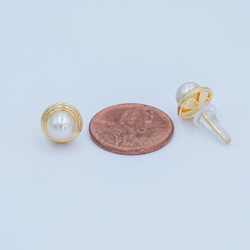 Round White Shell Pearl Band Stud Earrings in Gold & Silver | AE1030 AE1031 
