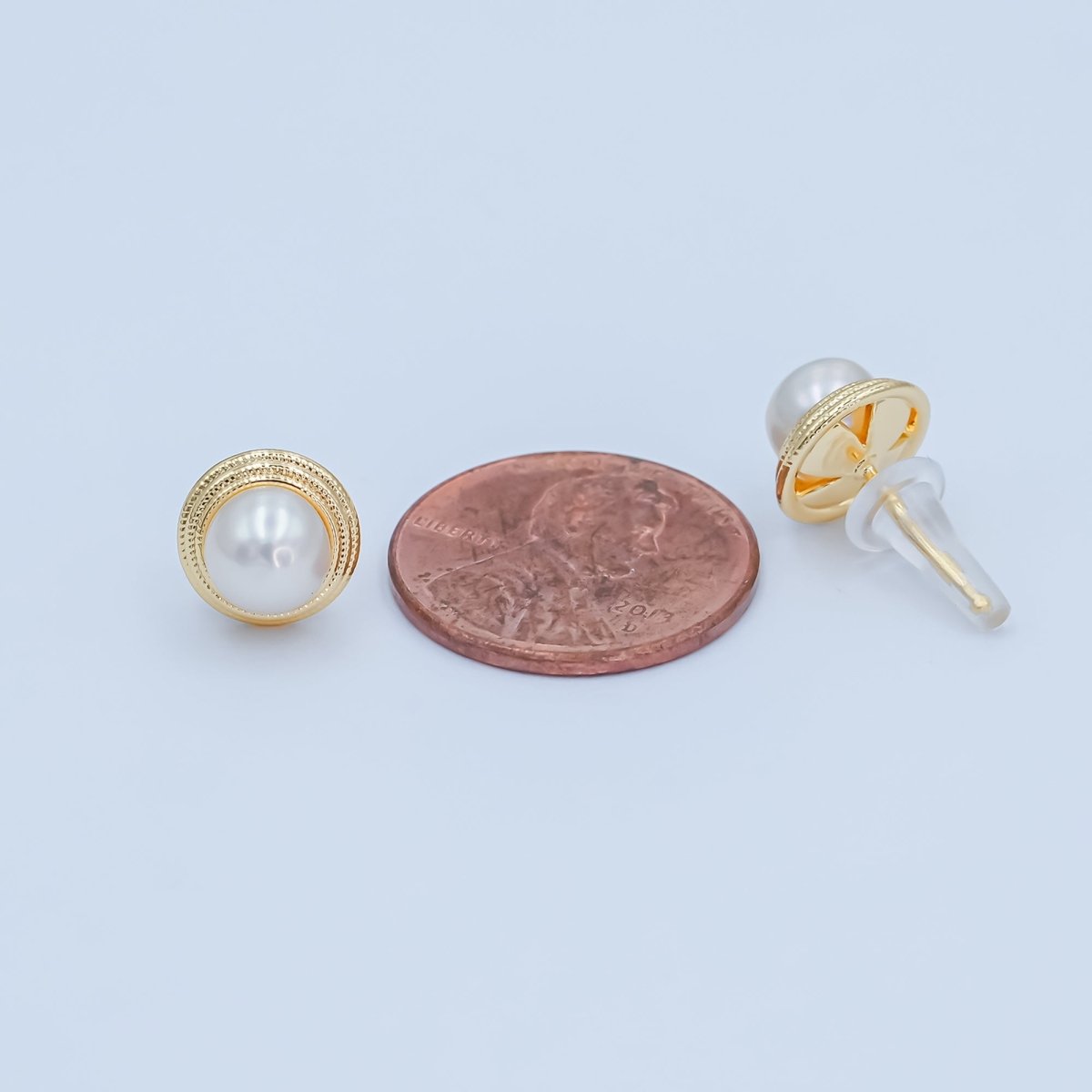 Round White Shell Pearl Band Stud Earrings in Gold & Silver | AE1030 AE1031 