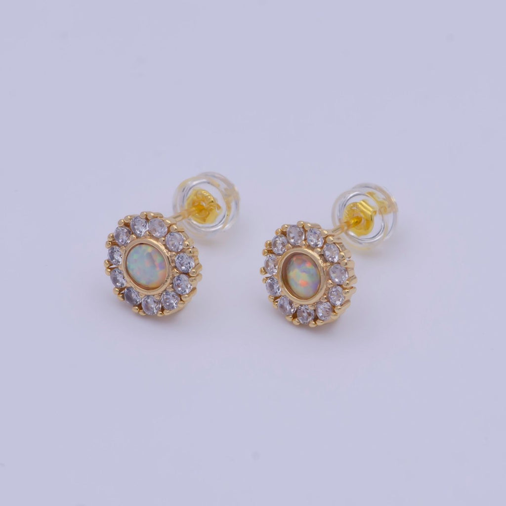 Round White/Blue Opal Micro Paved CZ Studs with Loop Earring Supply L-921 L-922 - DLUXCA