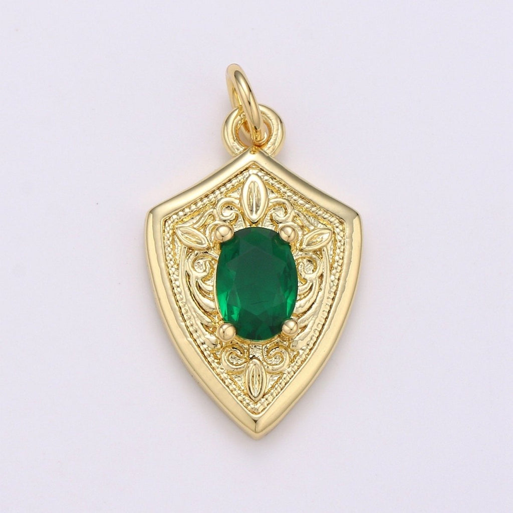 Ruby Cubic Zirconia Charms Pendants-Emerald CZ 14K Gold plated Medieval Charm, Shield Pendant Necklace Bracelet Supply D-702 D-703