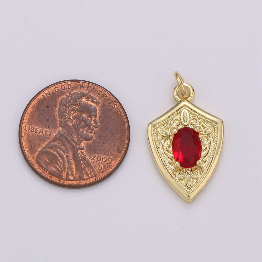 Ruby Cubic Zirconia Charms Pendants-Emerald CZ 14K Gold plated Medieval Charm, Shield Pendant Necklace Bracelet Supply D-702 D-703